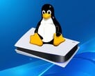Логотип Linux — пингвин Такс — над консолью PS5