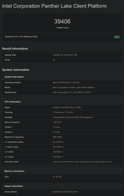 Листинг Intel Core Ultra 5 328H Geekbench (источник изображения: Geekbench)