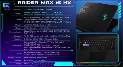 Показаны технические характеристики MSI Raider 16 Max HX (Источник изображения: MSI PR)
