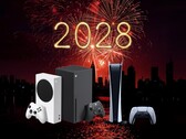 Консоли Xbox и PS5 показаны на фоне 2028 года