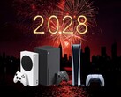Консоли Xbox и PS5 показаны на фоне 2028 года
