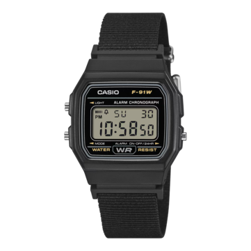Цифровые часы Casio F-91WF-1A с чёрным корпусом и чёрным ремешком из тканого материала.