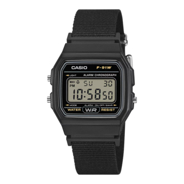 Casio F-91WF-1A с черным тканевым ремешком.