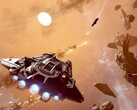 Скриншот прыжкового корабля с изображением космической битвы