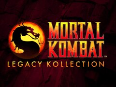 Логотип Mortal Kombat: Legacy Kollection логотип с культовой эмблемой дракона с красным и желтым градиентным текстом на темном потрескавшемся фоне (Источник изображения: Warner Bros. Games / NetherRealm Studios)
