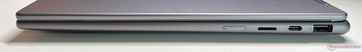 Справа: кнопка питания, устройство для чтения карт памяти microSD, USB-C 4.0 с Thunderbolt 4 (40 Гбит/с, DisplayPort 2.1, Power Delivery 3.0), USB-A 3.2 Gen 1 (5 Гбит/с, питание)