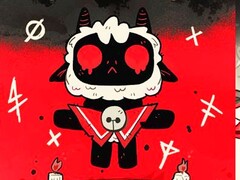 Агнец, которого фанаты также называют Ламберт, из игры Cult of the Lamb парит на красно-черном фоне с красными глазами, маленькими рожками и ритуальными символами вокруг него. (Источник изображения: Студия разработки игр Massive Monster)