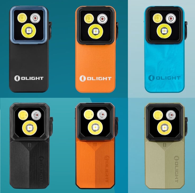 Модель Olight Oclip 2 Pro (вверху) доступна в чёрном, оранжевом или синем цвете «Tidal Blue», а модель Oclip 2 Ultra (внизу) — в цветах «Onyx Black», янтарно-оранжевом или оливково-зелёном.