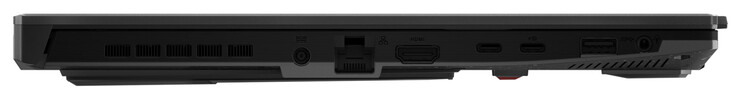 Левая сторона: разъем питания, гигабитный Ethernet, HDMI, Thunderbolt 4 (USB-C; DisplayPort), USB 3.2 Gen 2 (USB-C; Power Delivery, DisplayPort, G-Sync), USB 3.2 Gen 1 (USB-A), разъем питания
