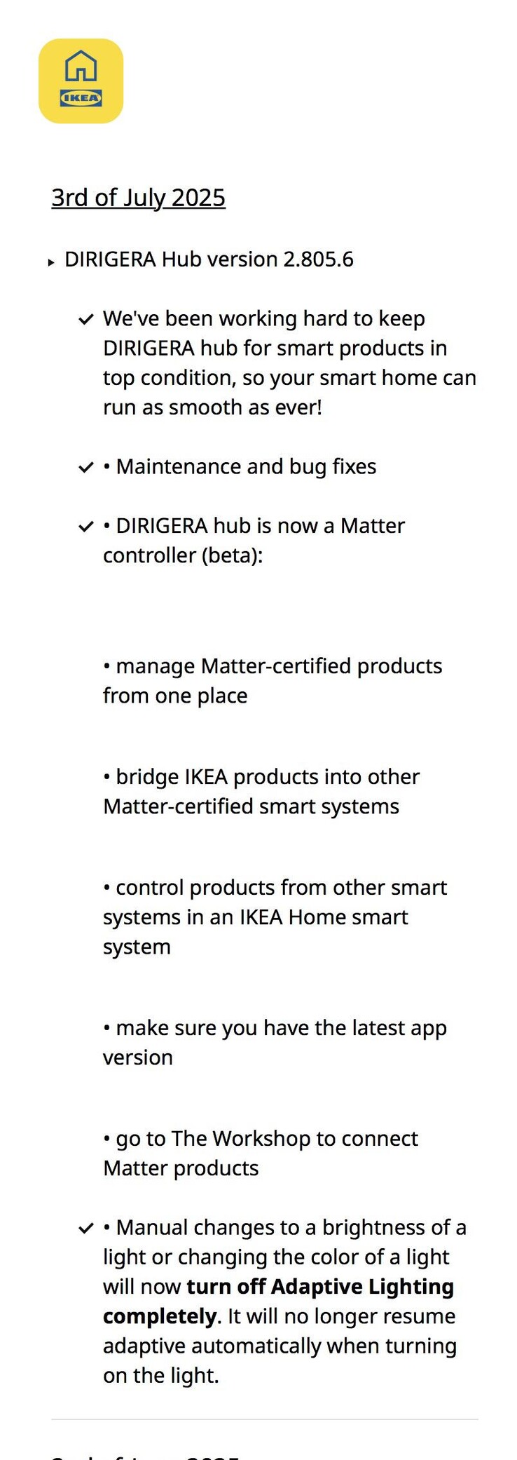 Примечания к выпуску программного обеспечения IKEA Dirigera Hub версии 2.805.6. (Источник изображения: IKEA через Reddit)