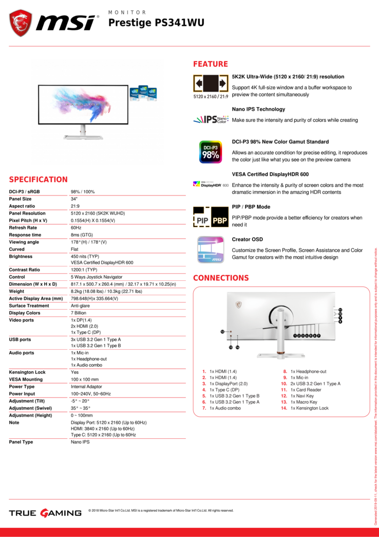 Характеристики MSI Prestige PS341WU (Изображение: MSI)