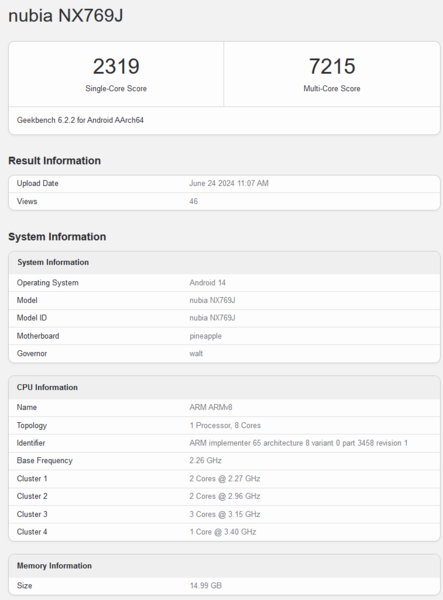 Листинг Redmagic 9S Pro в Geekbench (изображение с сайта Geekbench)