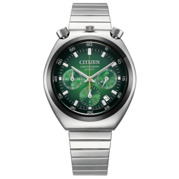 Вид спереди на Citizen Tsuno Chronograph AN3714-76W с градиентным зелёным циферблатом.