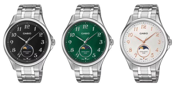 Слева направо: часы Casio MTP-M110D-1AV, MTP-M110D-3AV и MTP-M110D-7AV. (Источник изображения: Casio, отредактировано)