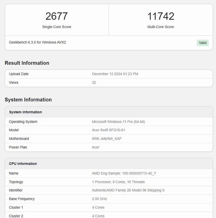 Грядущий 8-ядерный Ryzen AI 7 350 от AMD дебютировал в Geekbench с достойными результатами. (Источник изображения: Geekbench)