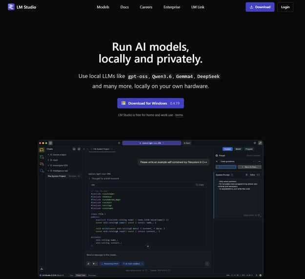 LM Studio — одна из самых простых программ для локального ИИ: загружайте модели и общайтесь в чате полностью в автономном режиме на своём компь