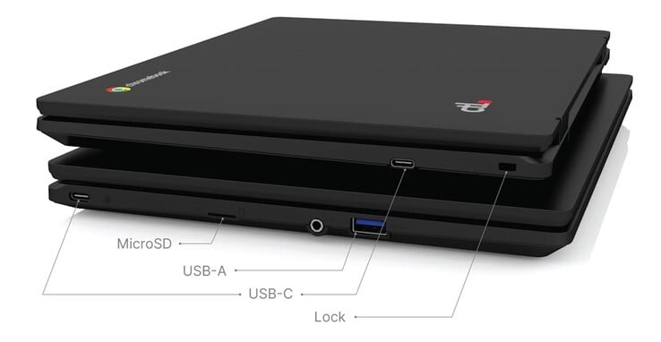CTL Chromebook PX121E оснащен двумя портами USB-C, одним портом USB-A, одним слотом для карт памяти microSD и слотом для замка безопасности. (Источник изображения: CTL)