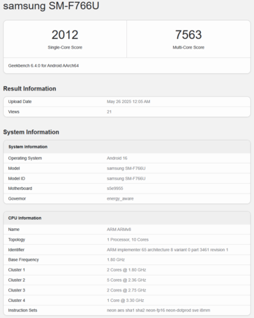 Листинг Geekbench Exynos 2500 с Galaxy Z Flip 7 (источник изображения: Geekbench)