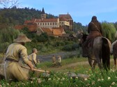 Изображение, показывающее замок и персонажей в Kingdom Come: Deliverance.