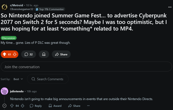 Summer Game Fest 2025 Реакция фанатов Nintendo (Источник изображения: скриншот, Metroid subreddit)