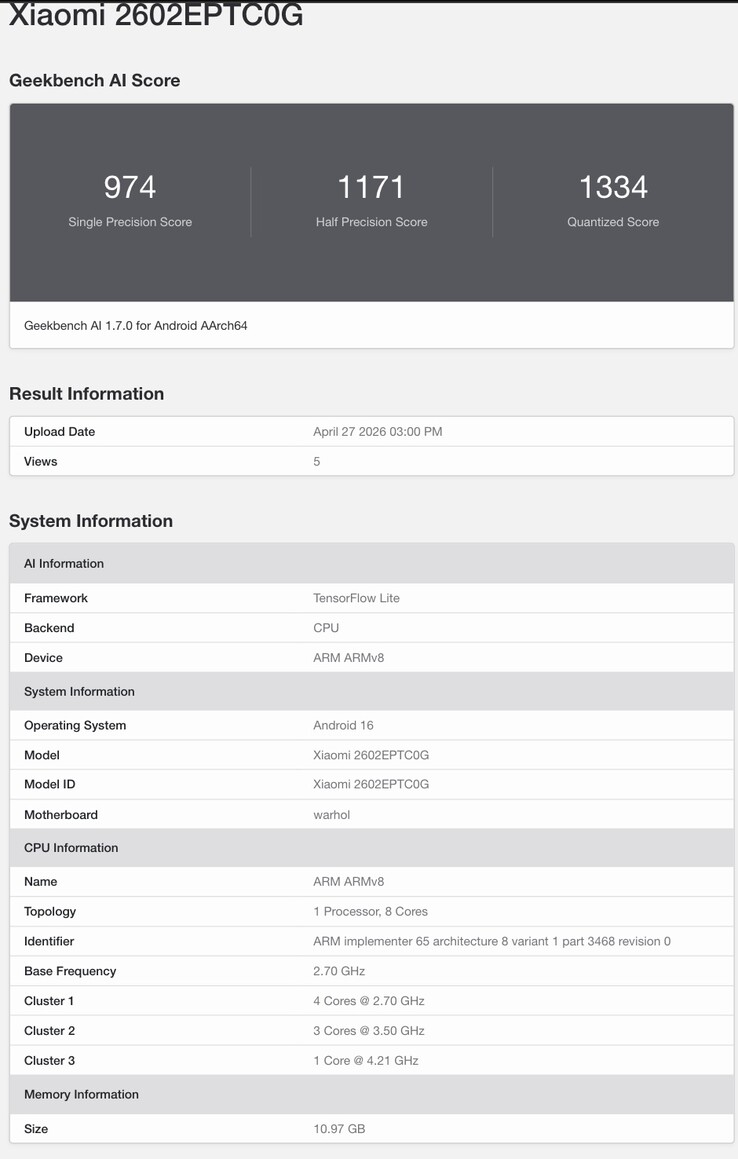 Листинг Geekbench раскрывает подробности о чипсете Xiaomi 17T Pro.