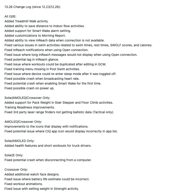 Журнал изменений для системного программного обеспечения Garmin 13.26