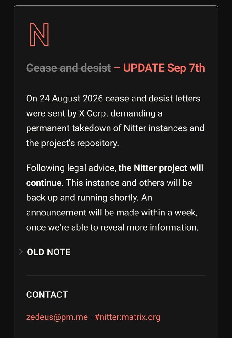 Компания Nitter продолжит свою деятельность, несмотря на требования X Corp о прекращении деятельности