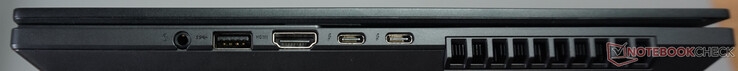 Правая сторона: аудио разъем, USB-A (5 Гбит/с), HDMI 2.1 FRL, 2x Thunderbolt 4