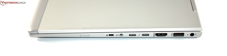Правая сторона: лоток SIM, слот замка Kensington, комбинированный аудио разъем, 2x Thunderbolt 3, HDMI, USB 3.0 type A, разъем питания