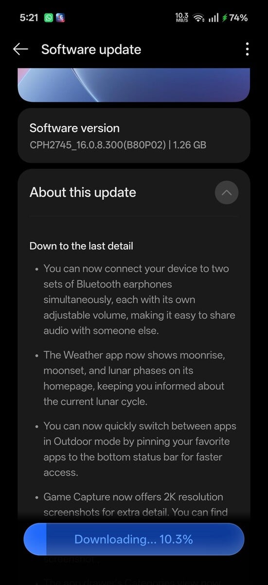 На устройстве OnePlus 15 идет загрузка обновления OxygenOS 16.0.8.300 по каналу OTA
