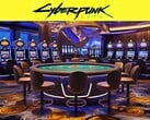 Логотип Cyberpunk 2077 изображен над футуристическим казино (Источник изображения: Rockstar Games с правками)