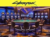 Логотип Cyberpunk 2077 изображен над футуристическим казино (Источник изображения: Rockstar Games с правками)