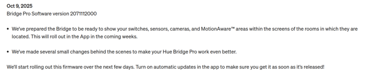 Примечания к первому обновлению Philips Hue Bridge Pro. (Источник изображения: Philips Hue)
