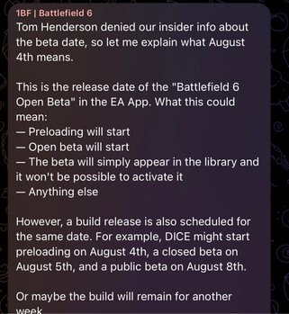 ответ 1BF Тому Хендерсону о времени начала открытой бета-версии Battlefield 6 (Источник изображения: GamingLeaksandRumours subreddit, Telegram-канал 1BF)