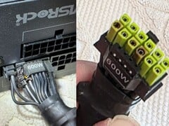 На фотографии изображен сгоревший разъем питания ASRock TempGuard с повреждениями кабелей блока питания