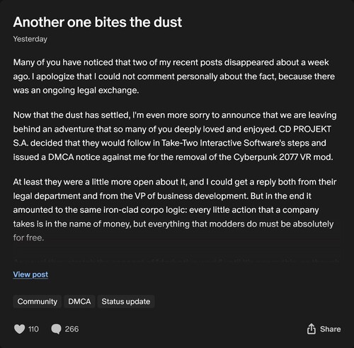 Пост Люка Росса на Patreon о снятии VR-мода Cyberpunk 2077 (Источник изображения: скриншот, Luke Ross Patreon)