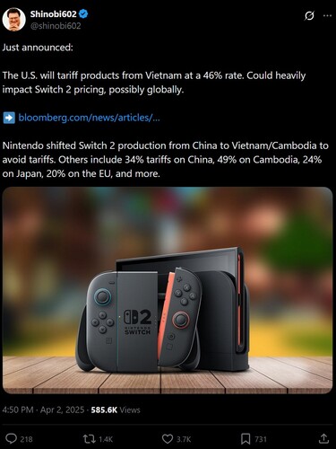 Вьетнамские тарифы влияют на реакцию Switch 2 на X (скриншот, аккаунт Shinobi602 X)