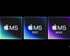 Художественное изображение чипов Apple'M5, M5 Pro и M5 Max. (Источник изображения: Apple, отредактировано с помощью Gemini)