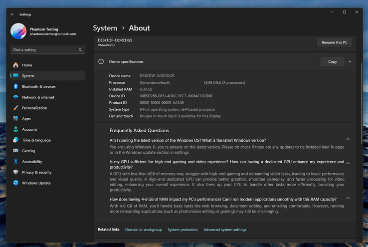 Снимок экрана Windows 11 dev build с разделом FAQ, добавленным под информацией об аппаратном обеспечении Вашей системы. (Источник изображения: @phantomofearth.bsky.social)