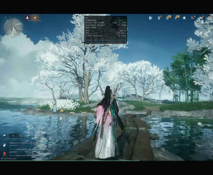 Игра Where Winds Meet Mobile, запущенная на M5 iPad Pro, с наложением производительности, показывающим разрешение и частоту кадров (Источник изображения: Dame Tech через YouTube)