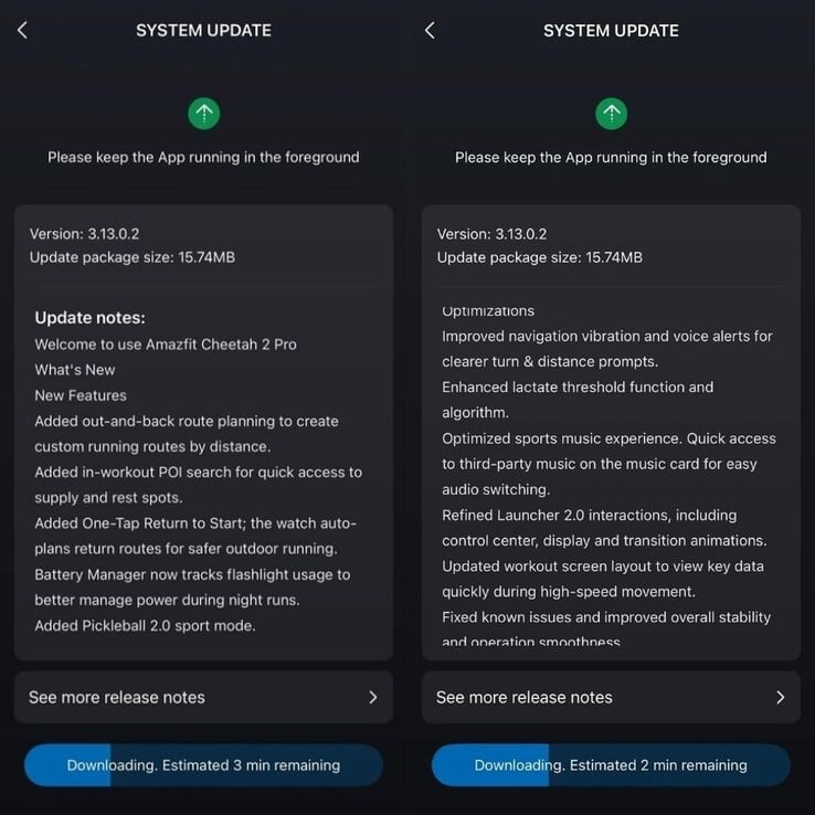 Примечания к выпуску Amazfit Cheetah 2 Pro fw 3.13.0.2