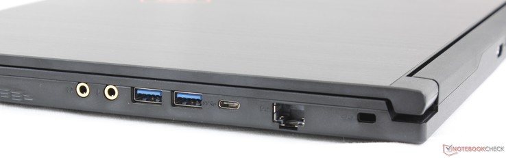 Правая сторона: выход на наушники, вход микрофона, 2x USB 3.1 Type-A, USB 3.1 Type-C, гигабитный Ethernet, замок Kensington Lock