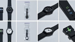 Черные и белые наручные часы FamilyMart, созданные совместно с Citizen Watch, показаны вместе с упаковкой и деталями ремешков.