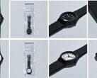 Черные и белые наручные часы FamilyMart, созданные совместно с Citizen Watch, показаны вместе с упаковкой и деталями ремешков.