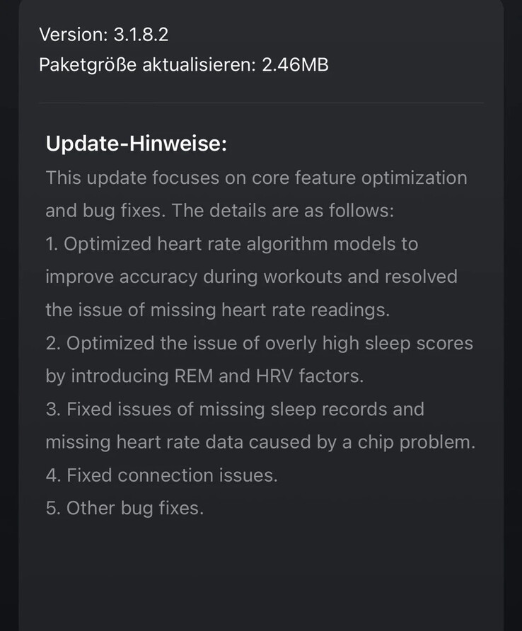 Примечания к выпуску версии 3.1.8.2 для ремешка Amazfit Helio. (Источник изображения: u/Realistic_Tell_533 через Reddit)