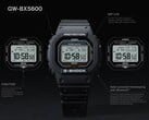 На изображении представлены часы Casio G-Shock GW-BX5600 с выделенными элементами, подчеркивающими их ЖК-дисплей MIP, два стиля шрифта, систему питания Tough Solar, возможность подключения по Bluetooth и радиоуправляемое время с поддержкой Multiband 6.