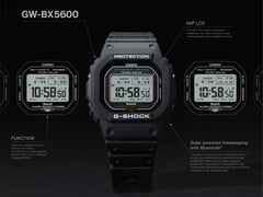 На изображении представлены часы Casio G-Shock GW-BX5600 с выделенными элементами, подчеркивающими их ЖК-дисплей MIP, два стиля шрифта, систему питания Tough Solar, возможность подключения по Bluetooth и радиоуправляемое время с поддержкой Multiband 6.