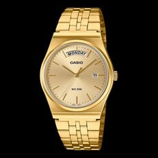 Часы Casio MTP-B146G-3AV с корпусом и браслетом из нержавеющей стали с ионным покрытием золотого цвета, циферблатом золотистого оттенка, индикатором дня недели в положении «12 часов» и окошком даты в положении «3 часа».