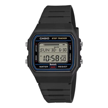Часы Casio F-B100W-1A с чёрным корпусом и ремешком из полимерной смолы, а также с синим акцентным кольцом вокруг циферблата.