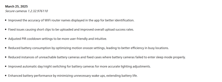 Журнал изменений для обновления Philips Hue Secure cameras 1.2.32.976110. (Источник изображения: Philips Hue)